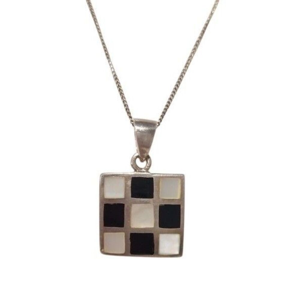 Vtg Sterling Silver 925 Pendant Necklace Square MOP Onyx Checkered NS1 - Picture 3 of 9